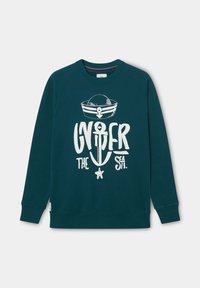 Sudadera de color azul oscuro con diseño náutico en blanco, que presenta un gorro de marinero, un ancla, una estrella de mar y el texto "Bajo el mar".