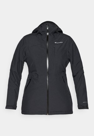 Black waterproof jacket with a hood, zip-up front, two side pockets, and adjustable cuffs. Features Columbia branding on the left chest.