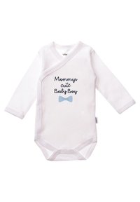White long-sleeve baby onesie featuring a cross-over design and printed text “Mommy's cute Baby Boy” with a blue bow illustration.