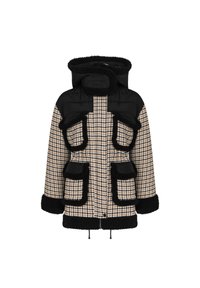 Chaqueta de cuadros con ribete de sherpa negro, grandes bolsillos frontales y capucha estilo abrigo de plumas y panel superior del pecho.