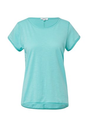 Lichtturquoise t-shirt met korte mouwen van een zachte, gladde stof, met een ronde halslijn en een gebogen zoom, voorzien van subtiele stiksel details.