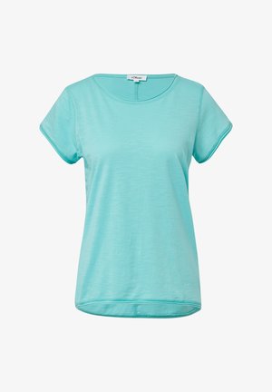 Lichtturquoise t-shirt met korte mouwen van een zachte, gladde stof, met een ronde halslijn en een gebogen zoom, voorzien van subtiele stiksel details.