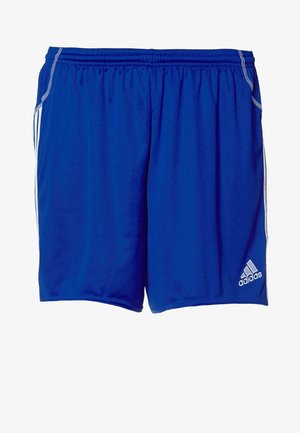 Blue athletic shorts made of lightweight fabric, featuring a smooth texture, elastic waistband, and white side stripes. Adidas logo on the lower right.