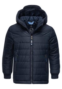 Tums zilas pūkains jakas ar kapuci, quilted dizains, priekšējā rāvējslēdzēja aizdare, elastīgas aproces un divas sānu kabatas. Mīksta, gluda tekstūra.