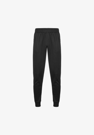 Czarne dresy z elastycznym pasem, zwężanymi nogawkami i prążkowanymi mankietami. Wykonane z miękkiego, teksturowanego materiału, z minimalnym logo.