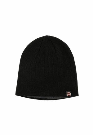 Black knit beanie with a ribbed texture, rounded crown, and a small red and white Colmar logo tag stitched on the side.