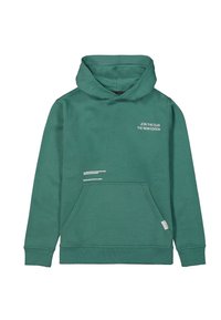 Felpa verde in cotone con tasca a marsupio, polsini a coste e cappuccio regolabile con cordino. Presenta testo stampato in bianco sul petto e sulla tasca.