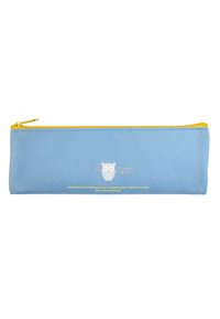 Trousse bleue avec fermeture éclair jaune, en tissu texturé, et motif de hibou imprimé. Contient le nom de la marque et le site web en petits caractères à l'avant.