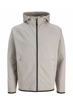 Sweat à capuche zippé gris clair avec une capuche, présentant des accents noirs le long de la fermeture éclair et des poignets. Tissu lisse avec un design simple et sans motifs.