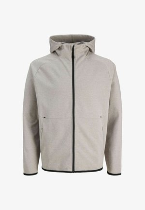 Felpa con cappuccio grigio chiaro con zip, con dettagli neri lungo la cerniera e i polsini. Tessuto liscio con un design semplice e senza motivi.