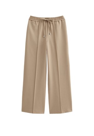 Pantalones beige de pierna ancha con una textura suave, cinturilla con cordón y dos pinzas delanteras, diseñados para un ajuste relajado.