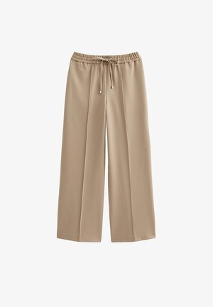 Beige wijduitlopende broek met een zachte textuur, een trekkoords Tailleband en twee plooien aan de voorkant, ontworpen voor een comfortabele pasvorm.