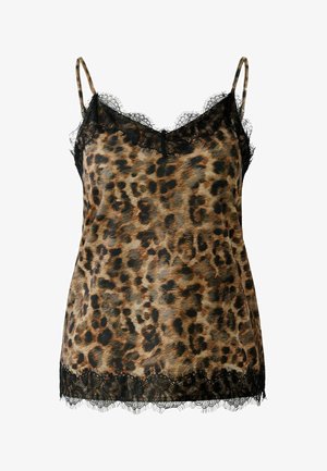 Leopardenmuster-Camisole mit dünnen Trägern, ausgestattet mit einem schwarzen Spitzensaum entlang des Ausschnitts und des Saums. Glatte Stoffoberfläche.