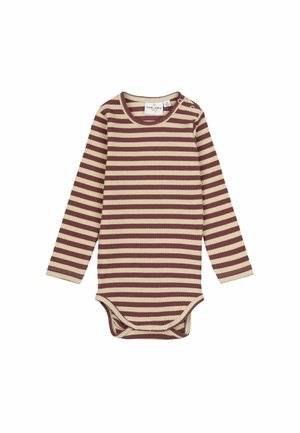 Långärmad body i bruna och krämfärgade ränder, med ribbad textur och tryckknappar vid axeln och botten för enkel påklädning.