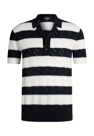 Navyblauw-wit gestreept poloshirt met korte mouwen, een textuur met ruitpatroon en een kraag met knopen.