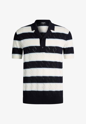 Polo à manches courtes bleu marine et blanc à rayures avec motif en losange texturé et col à boutons.