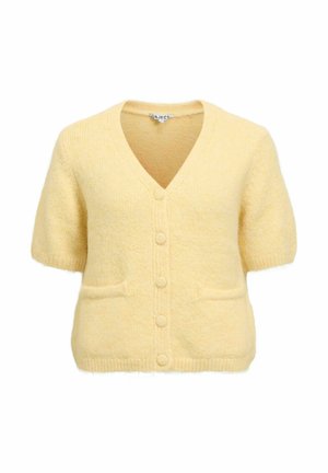 Myk gul kortermet cardigan med dyp V-hals, fem stoffkledde knapper, to fremre lommer og ribbet kant.