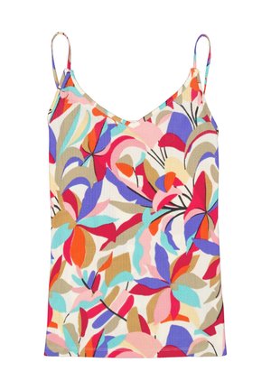 Bunt gemusterte Bluse mit dünnen Trägern, die eine Mischung aus roten, blauen, pinken und beigen Mustern auf hellem Hintergrundzeigt.