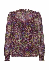 Półprzezroczysta bordowa bluzka w kwiaty w zielone, fioletowe i różowe kolory. Posiada wysoki kołnierz, długie rękawy i marszczone mankiety.