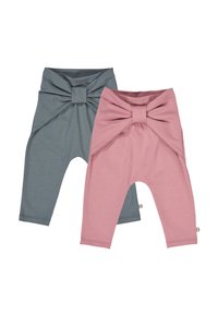 Two pairs of children's leggings, one in muted pink and the other in soft gray, featuring a front bow detail and stretch fabric.