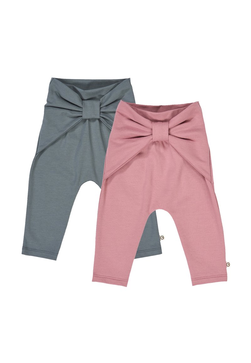 Two pairs of children's leggings, one in muted pink and the other in soft gray, featuring a front bow detail and stretch fabric.