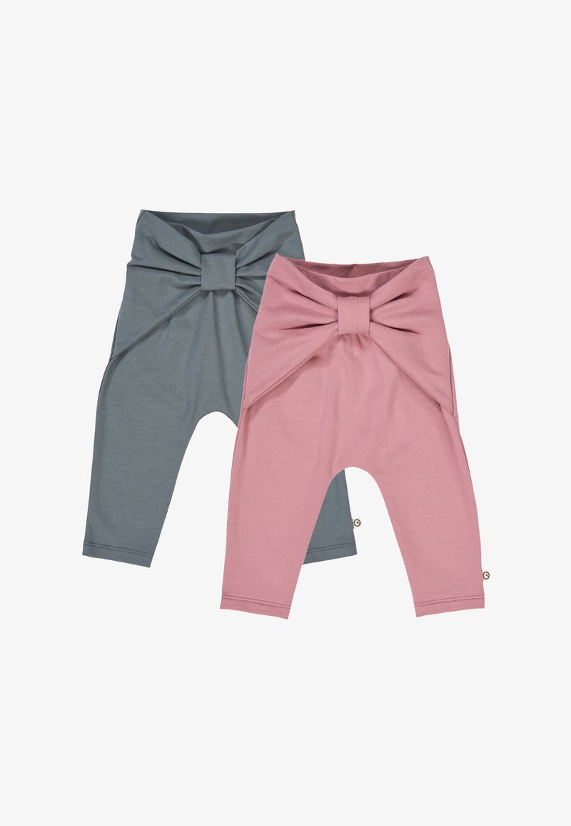 Two pairs of children's leggings, one in muted pink and the other in soft gray, featuring a front bow detail and stretch fabric.