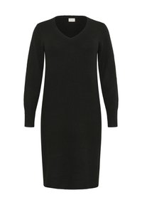 Schwarzes Strickkleid mit V-Ausschnitt und langen Ärmeln. Der Stoff wirkt weich; die Silhouette ist gerade und reicht über das Knie.