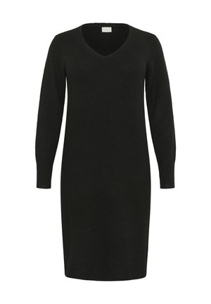 Robe en tricot noire avec un décolleté en V et des manches longues. Le tissu semble doux ; la silhouette est droite, arrivant au-dessus du genou.