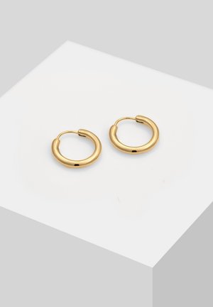 Goldfarbene Creolen, abgerundetes Design, glatte Textur, aus Metallmaterial, mit einer kleinen Öffnung zum Verschließen.