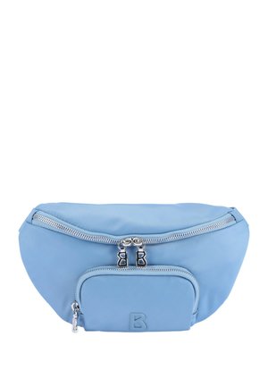 Marsupio blu in nylon dalla forma arrotondata, con due scomparti con zip e una piccola tasca frontale con dettaglio logo in rilievo.