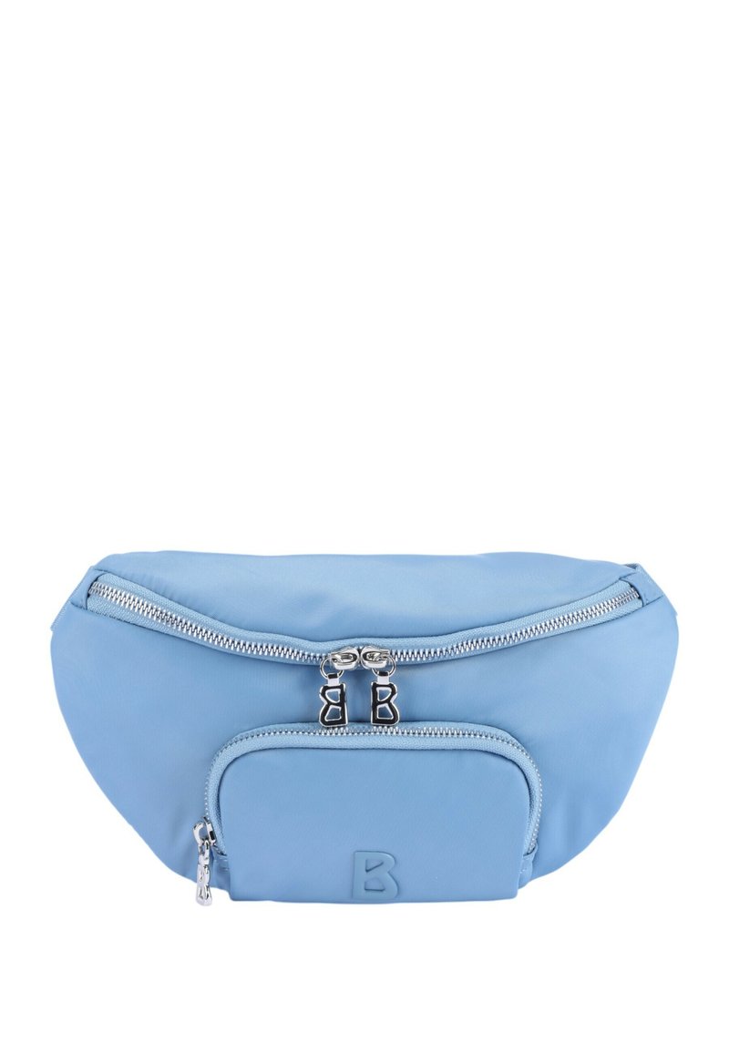 Marsupio blu in nylon dalla forma arrotondata, con due scomparti con zip e una piccola tasca frontale con dettaglio logo in rilievo.