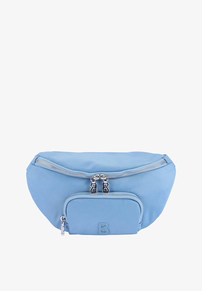 Marsupio blu in nylon dalla forma arrotondata, con due scomparti con zip e una piccola tasca frontale con dettaglio logo in rilievo.