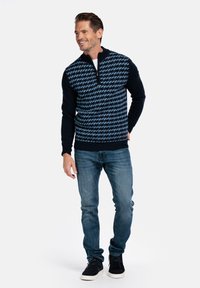 Marineblauw en lichtblauw gestreepte pullover met een halflange rits kraag. Lange mouwen en een aansluitend design in combinatie met blauwe jeans en zwarte sneakers.