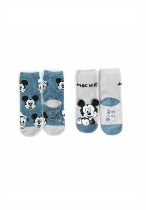 Calze blu e grigie con design di Topolino. Materiale morbido con diverse stampe e dettagli dei personaggi. Tre paia con diversi motivi.