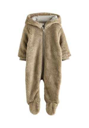 Grenouillère bébé marron douce et duveteuse avec capuche, fermeture éclair à l'avant et doublure rayée à l'intérieur de la capuche.