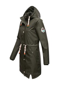 Dark green rain jacket with a hood, adjustable drawstrings, snap buttons, and side pockets. Lined with a patterned fabric inside.