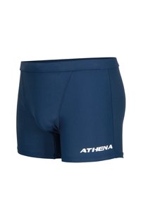 Shorts de bain bleu marine avec un motif hexagonal texturé, dotés d'une ceinture élastique et du logo "ATHENA" en blanc sur le côté gauche.