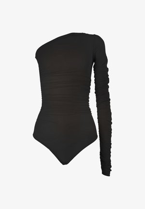 Zwart éénledig bodypak met een lange, geplooide mouw, asymmetrische halslijn en getextureerde stof, met een aansluitend ontwerp en hoge uitsnijding.