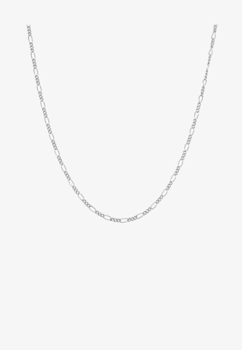 Hõbedane kaelakee, millel on vahelduvad ovaalsed ja ümmargused lingid, millel on poleeritud viimistlus ja ühtlane disain kogu pikkuses.