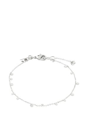 Delicate silver chain bracelet with small round disc charms evenly spaced and a lobster clasp closure with extender chain.