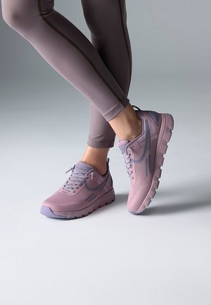 Pink and lavender athletic shoes with mesh upper, padded collar, and rubber sole. Designed with a textured patter and contrasting laces.