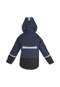 Navyblå og sort vandtæt jakke med hætte. Har grå reflekstape og et design med farveblokke. Fremstillet af holdbart stof med en glat tekstur.