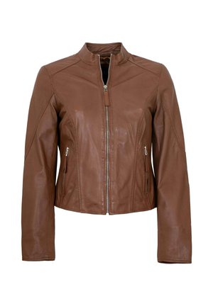 Brown leather jacket with front zipper, standing collar, two zippered side pockets, and long sleeves, shown on white background.
