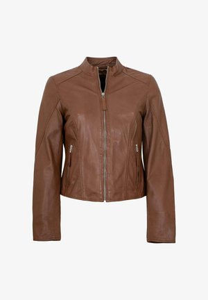 Brown leather jacket with front zipper, standing collar, two zippered side pockets, and long sleeves, shown on white background.