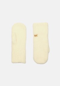 Manoplas de color crema tejidas con textura acanalada, que presentan un logo dorado de "MK" en una de las manoplas. Diseño suave y acogedor, adecuado para el clima frío.
