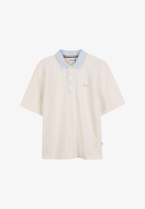 Lichtbeige polo shirt met dunne gele strepen, korte mouwen en een lichtblauwe kraag. Beschikt over drie knopen en een klein geborduurd logo.