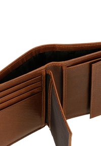 Brown leather wallet with multiple card slots, a coin pocket, and a textured interior. Features a smooth exterior and stitched edges.