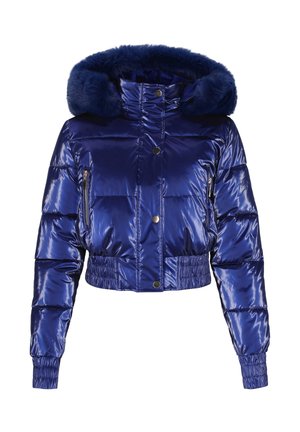 Korte pufferjas van glanzend donkerblauw materiaal, voorzien van een capuchon met nepbont, met rits afsluitbare zijzakken en een elastische tailleband.