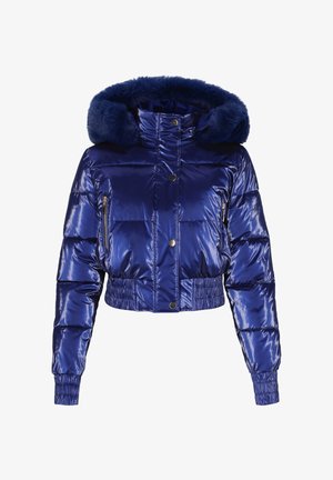 Korte pufferjas van glanzend donkerblauw materiaal, voorzien van een capuchon met nepbont, met rits afsluitbare zijzakken en een elastische tailleband.