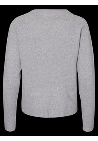 Pull à manches longues en maille gris clair vu de dos avec poignets et ourlet côtelés sur un fond noir.